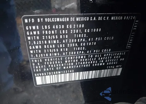 2024 Volkswagen Taos 1.5T S из США, поврежденный, VIN 3VV8X7B28RM123143